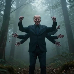 joe biden with 4 arms, standing ominously barely in view far into the foggy woods with a demonic wide smile in his face, low quality iphone photo, creepy