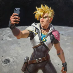 oil painting of tracer overwatch taking selfie on the moon, style of ivan aivazovsky