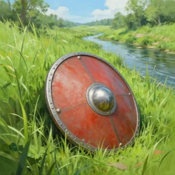 a Roman shield sits abandoned in tall green grass next to a peaceful stream, beautiful day, happy painting, detailed, fantasy