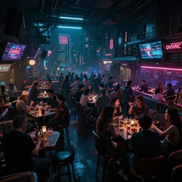 a high quality wide angle photo inside the dive bar of a futuristic cyberpunk city, dark, crowded, drinks, dancing, neon lights, realism, 8k