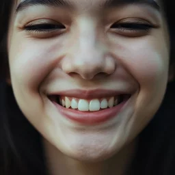 a smiling woman with no teeth and a tiny face inside her mouth. 3 5 mm f / 2. 8, kodachrome, moody lighting.