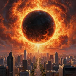 a massive black glowing sphere in the center of the sky surrounded by swirling firestorm clouds, a detailed wide cityscape modern, wide perspective, highly detailed digital art, cinematic, bright colors, hyper realism, oil on canvas, trending on Artstation, octane render