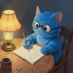 highly detailed oil painting, cute blue cat in glasses sits at the table in the evening and draws a brush, an old lamp with a lampshade on the table glows with bright light, fantasy character portrait, dynamic pose, above view, top lighting, realistic shaded, perfect face, 8 k realistic, digital painting, artstation, concept art, cinematic lighting, dynamic pose, above view