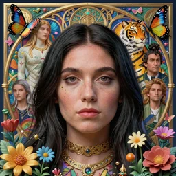 maximalist 3 d realistic detailed face portrait of bjork, traditional hindu tigress by mucha, ayami kojima, amano, greg hildebrandt, mark brooks, and ernst haeckel, golden ratio, face in focus, art nouveau, neo - gothic, neoclassical, a psychedelic surreal background with 3 d butterflies and 3 d flowers n the style of 1 9 9 0's cg graphics, lsd dream emulator psx, 3 d rendered y 2 k aesthetic by ichiro tanida