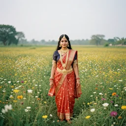 hindu goddess standing looking at you at distance in beautiful meadow of flowers, film photo