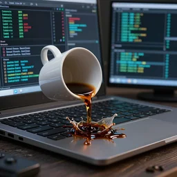 : spilling  cup of coffee on computer unrealengine ,cinematic, hyper realism, high detail, octane render, 8k