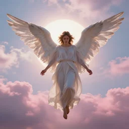 a biblically accurate angel in a beautfiful sky, pink clouds illuminated by the sun, eerie, by craig mullins