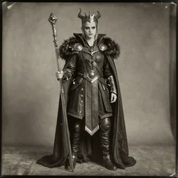 A daguerreotype photograph of an evil looking king of Emma Watson in the style of league of legends character full body league of legends splash art