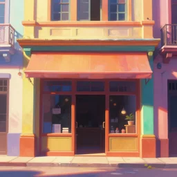 beautiful painting of a colorful cuban storefront, front view, animation, digital art, graphic shapes, trending in artstation, sun ise cinematic lighting, art style by disney and pixar