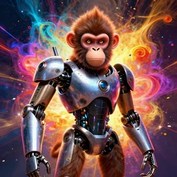 portrait of a anthropomorphic monkey robot with human characteristics, digital art, epic composition, fantasy, explosion of color, highly detailed, in the style of jake parker, in the style of conrad roset, swirly vibrant colors, sharp focus