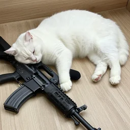 white cat sleeping, fluffy, high detail, full body, laying next to assault rifle