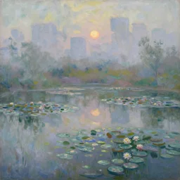 impressionism painting of a pond of water lilies on a foggy morning, sun low on horizon through high skyscrapers, soft light, misty, realistic