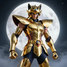 full shot of angry darkness Saint Seiya knight at moonlight, wearing golden Cat armor, detailed, unreal engine 4k volumetric light, fog,