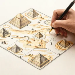 a highly-detailed hand hand drawn illustrated isometric game map of an alien desert with pyramids and lovecraftian cactus and scorpion monsters