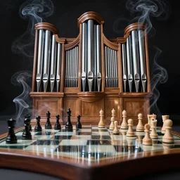 a pipe organ chess board made of smoke and mirrors by alexei savrasov, macro lens, low angle, dramatic lighting, high detail and high contrast