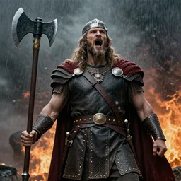 viking king, thunder background, raining, doing his warcry while holding his axe, amazing detail, sharp, neoclassicism art style