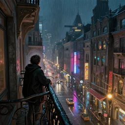a person looking down balcony into a brutalism looking city street, neon lights, lens flare, scale, night life, heavy rain, deep focus, d & d, fantasy, intricate, elegant, highly detailed, digital painting, artstation, concept art, matte, sharp focus, illustration, art by artgerm and greg rutkowski and alphonse mucha