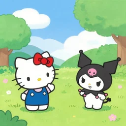 painting of hello kitty and kuromi and hello kitty friends playing outside on a sunny day, by yoko shimizu, by sanrio