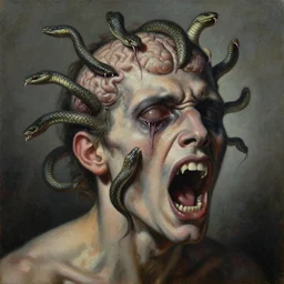an oil on canvas painting of a screaming decapitated man's partially decomposing face with many biting serpents swarming out of his exposed brain, a surrealist painting, polycount, surrealism, surrealist, lovecraftian, cosmic horror, highly detailed