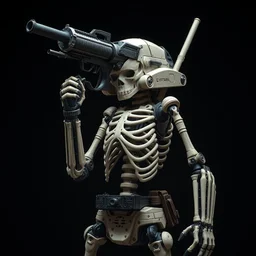 skeletal android, gun for a head, swords for arms, military prototype, photography