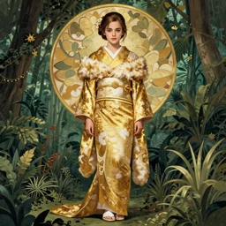 asian emma watson wearing golden furisode, jungle background, full body, symmetric, intricate, highly detailed, concept art, sharp focus, illustration, aleksi briclot, rutkowski, mucha