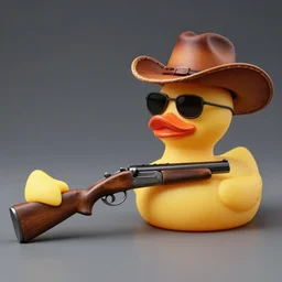 a studio photography of a cowboy rubber duck with a shotgun, a cowboy hat and sunglasses