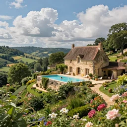 award winning photo, ultra detailed high quality, old house with swimmingpool on the hills in the dordogne in france, fluffy clouds. summer. highly detailed, trees and flowers, depth of field, beautiful landscape, me swimming in the pool