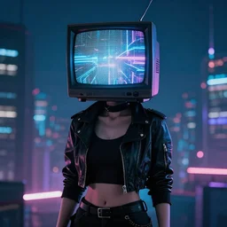 a cyberpunk woman with a TV covering her head