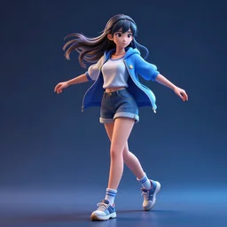 hd 3d render of anime style teenager girl doing moonwalk with dynamic lighting, blue tint