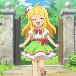 a very cute art of a smiling blonde anime girl idol wearing a colorful dress walking at the garden, tongue out, cheeky, in the style of anime, near a stone gate