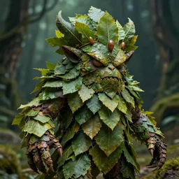 macro long depth of field shot of a realistic monster made of leaves, headdress, dramatic light, dystopian environment, intricate, highly detailed, artstation, sharp focus, artgerm