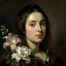 a closeup portrait of one beautiful young woman surrounded by flowers, painted by diego velazquez and rachel ruysch, hyperreal, dark, dramatic lighting, analogous complementary colour scheme