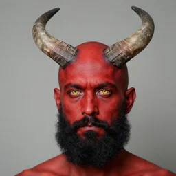 a man with 2 horns protruding out of his forehead which curve back, one is broken at a quarter of the length of the other. he has red skin, golden eyes and a black beard