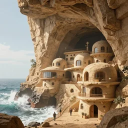 futuristic sci - fi sandstone cave houses, cliffs, raging sea, extremely detailed, sharp focus, wide view, full body shot, smooth, digital illustration, by beeple, craig mullins, james jean, by rossdraws, frank franzzeta, mcbess, sakimichan, brosmin, danton fadeev, steve simpson