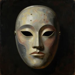 painting of an intense futuristic tribal mask. pulp sci - fi art for omni magazine. high contrast. dark background. baroque period, oil on canvas. renaissance masterpiece. muted colors, soft gradients. trending on artstation. retrofuturism.