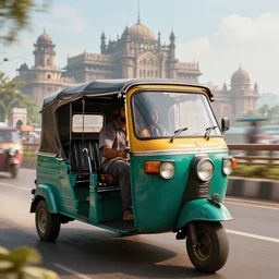 an auto rickshaw driving through bombay, an epic fantasy, wide shot, ultrarealistic, detailed, ( ( ( depth of field ) ) ), crisp details, sharp details, photorealism, colorful, cinematic, horizon forbidden west trending on artstation, masterpiece, by greg rutkowski, by ross tran, by fenghua zhong, octane, soft render