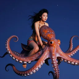 stunning, ektachrome, technicolor, 3 5 mm, highly detailed : incredibly realistic, asian woman riding on a flying octopus through the breathtaking night sky, perfect features, feminine cut, beautiful three point perspective extreme closeup 3 / 4 portrait photo in style of chiaroscuro style, depth of field, octane render, trending on artstation, 8 k