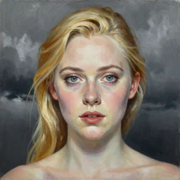 professional painting of Elle Fanning in the style of Mordecai Ardon, head and shoulders portrait, symmetrical facial features, smooth, sharp focus, illustration, intricate, stormy weather, extremely detailed masterpiece,