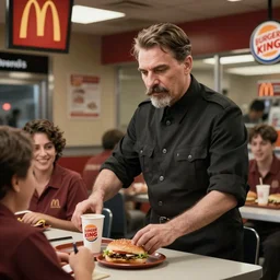 Joseph Stalin working a shift at a fast-food restaurant serving customers, mcdonalds, burger king