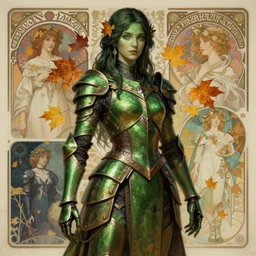 hyperdetailed portrait of beautiful green - armored girl dark autumn. digital painting, sharp foccus ilustration, artstation hq. intricate, elegant. wlop, greg rutkowski, alphonse mucha,. dan mumford. incredible background by repin. full height. decollage. assemblange. cgsociety. impressionism