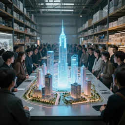 large group people in a glass warehouse, looking at hologram of futuristic city on a table, cinematic concept art, godrays, 4 k, clear details, tabletop model buildings, tabletop model, hologram center