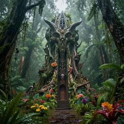 amazing intricate photo of a weird eerie futuristic monument in a rainforest, surrounded by hippies and flowers