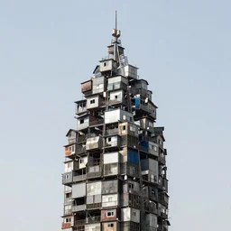 towers made up of makeshift squatter shacks in steel, mamiya, 8 5 mm, uniform plain sky, fine details, photographed by julie blackmon