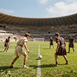 Ancient romans playing moddern soccer in a stadium