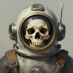 skull inside a deep sea diving helmet, digital painting