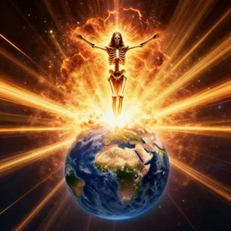 Jesus Christ as skeleton inside an epicenter of a thermonuclear blast standing on the Earth sphere with radioactive rays to the sides