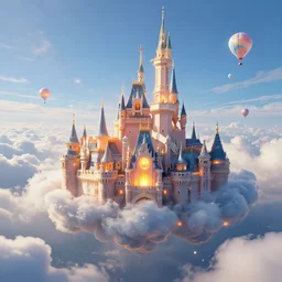 flying cloud castle, buildings, baloons, atmosphere, glow, detailed, full of colour, cinematic lighting, trending on artstation, 4 k, hyperrealistic, extreme details, bright, blue sky, cloudy, fantasy, masterpiece, art by wylie beckert