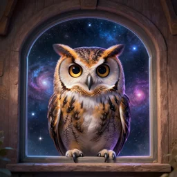 An owl peeking through a kaleidoscopic window into a galaxy, digital art