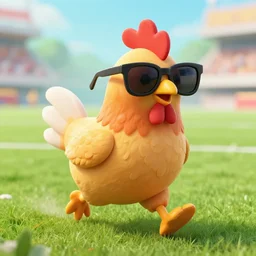 the famous funky chicken wearing oversized sunglasses and a smile runs across a football field, interrupting the big game, 3 5 mm