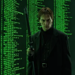 walls of green text, lines of green code, ps1 hagrid as neo from The Matrix (1999), background is green lines of text, CGSociety